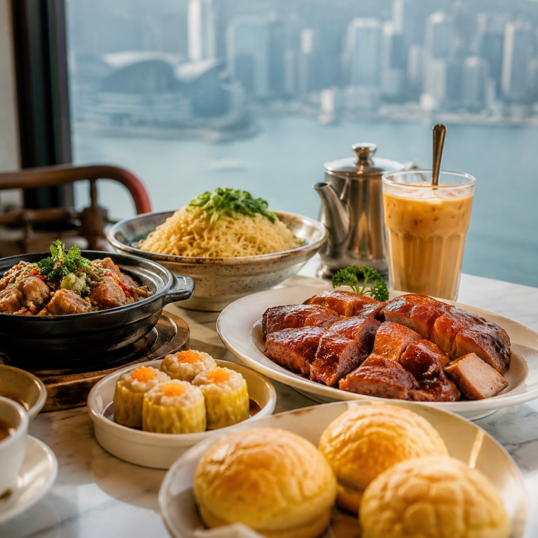 香港餐廳招牌菜與港式奶茶，真實餐飲攝影，自然光，整潔餐桌，適合作為網站文章封面，不要文字，不要水印